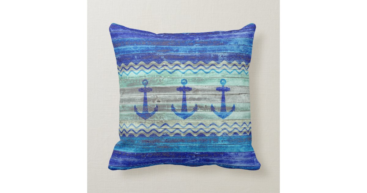 Rustic Navy Blue Coastal Decor Anchors Throw Pillow Zazzle Com
