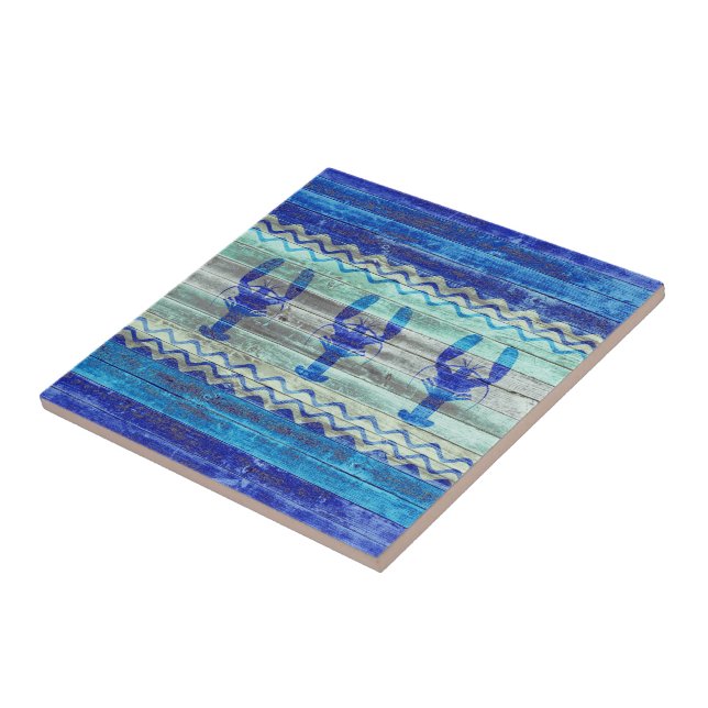 Rustic Navy Blue Coastal Decor Lobsters Ceramic Tile (Side)