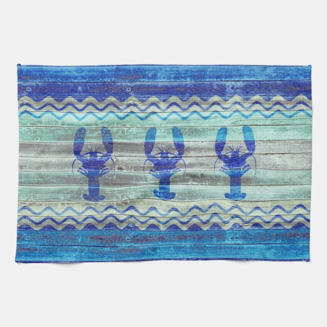 Rustic Navy Blue Coastal Decor Lobsters Towel (Horizontal)