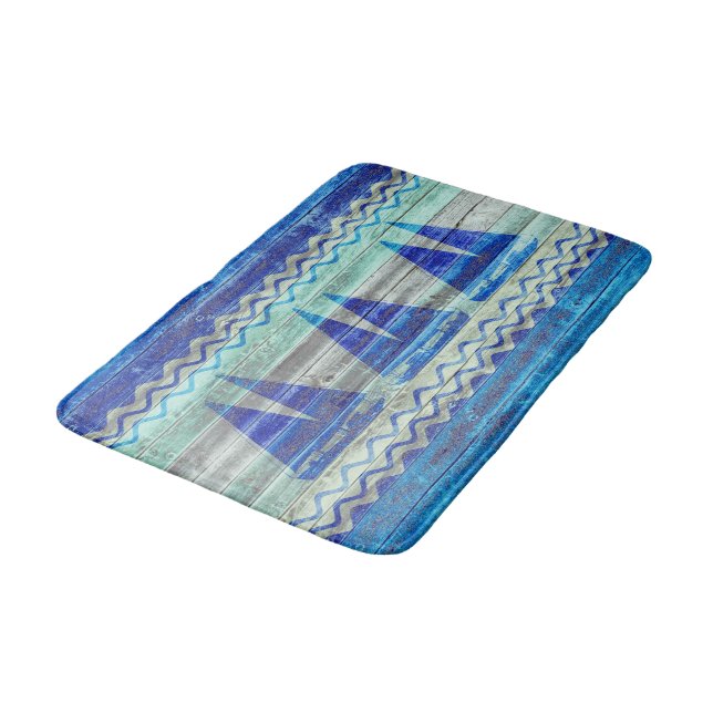 Rustic Navy Blue Coastal Decor Sailboats Bathroom Mat (Angled)