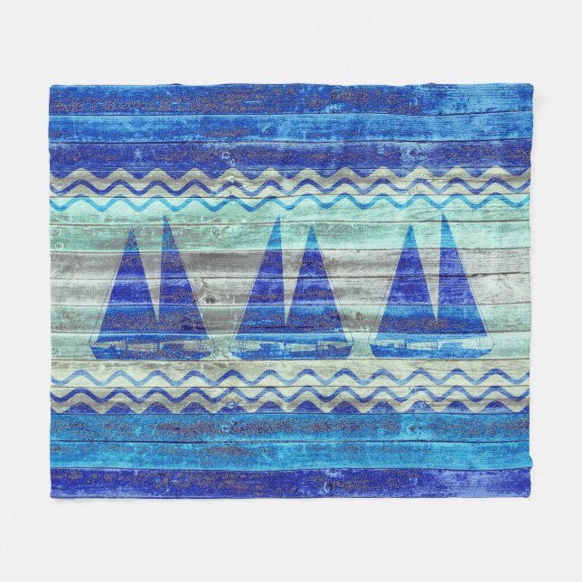 Rustic Navy Blue Coastal Decor Sailboats Fleece Blanket (Front (Horizontal))