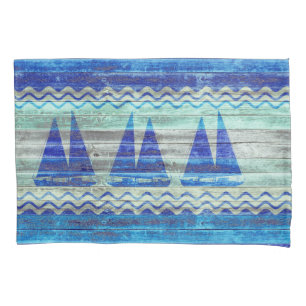 Rustic Navy Blue Coastal Decor Sailboats Pillowcase