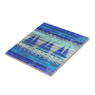 Rustic Navy Blue Coastal Decor Sailboats Tile