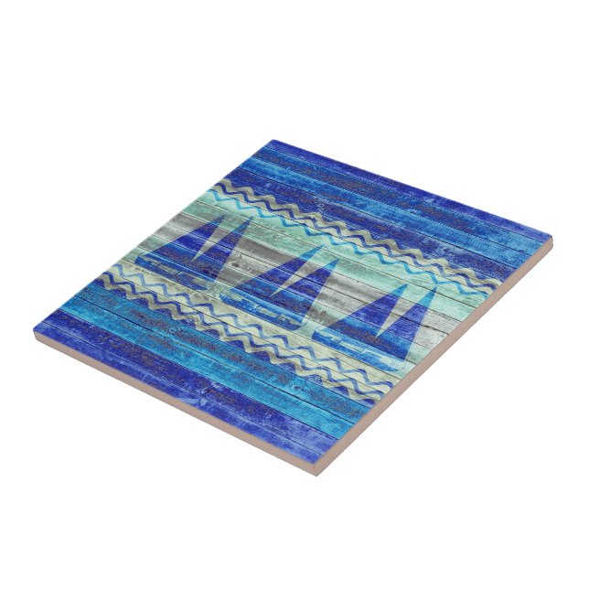 Rustic Navy Blue Coastal Decor Sailboats Tile (Side)