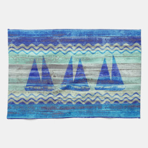 Rustic Navy Blue Coastal Decor Sailboats Towel