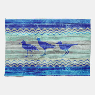 Rustic Navy Blue Coastal Decor Sandpipers Kitchen Towel
