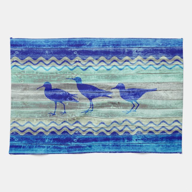 Rustic Navy Blue Coastal Decor Sandpipers Kitchen Towel (Horizontal)
