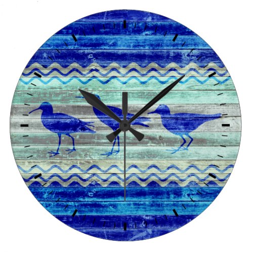 Rustic Navy Blue Coastal Decor Sandpipers Large Clock