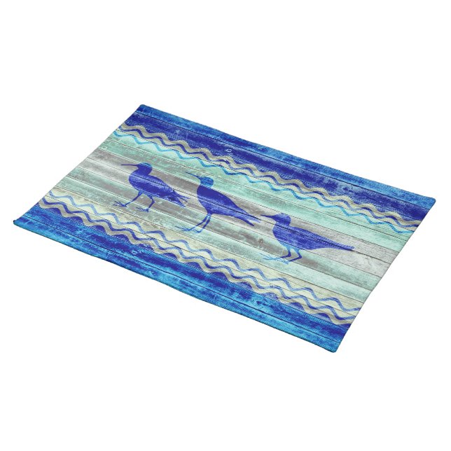 Rustic Navy Blue Coastal Decor Sandpipers Placemat (On Table)