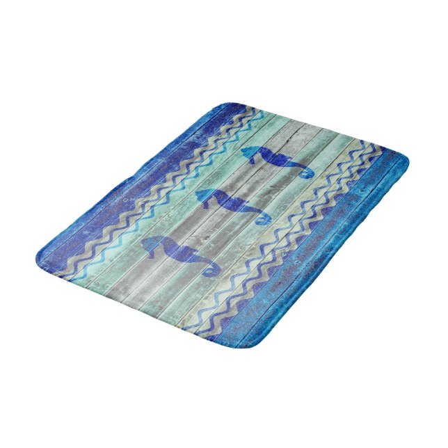 Rustic Navy Blue Coastal Decor Seahorses Bathroom Mat (Angled)