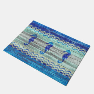 Rustic Navy Blue Coastal Decor Seahorses Doormat