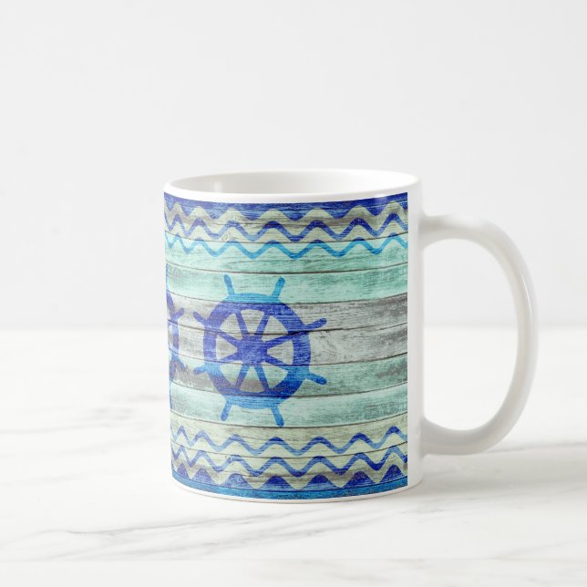 Rustic Navy Blue Coastal Decor Ship Wheels Coffee Mug (Right)