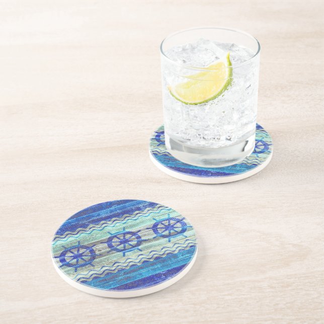 Rustic Navy Blue Coastal Decor Ship Wheels Drink Coaster (Side)