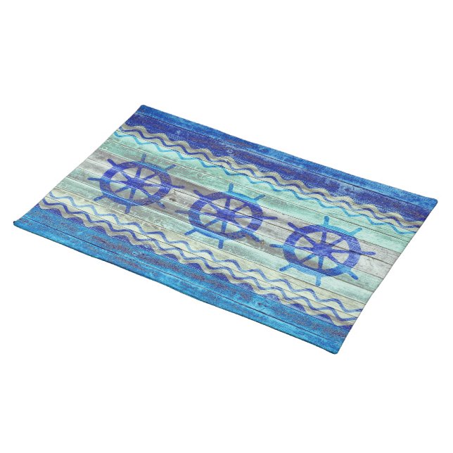 Rustic Navy Blue Coastal Decor Ship Wheels Placemat (On Table)