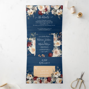 Rustic Navy Blue Cream Burgundy & Peach Wedding Tri-Fold Invitation