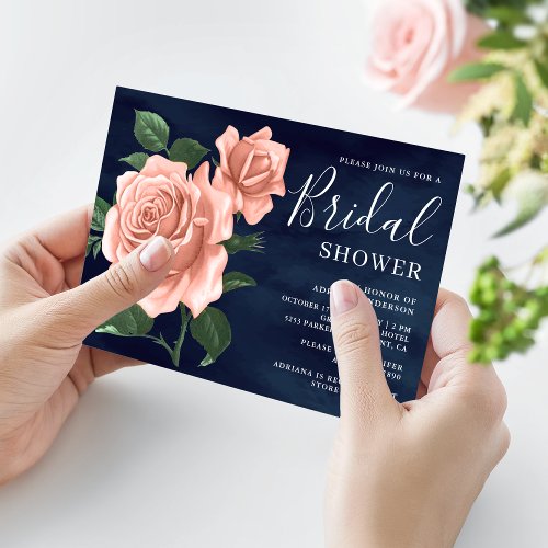 Rustic Navy Blue Dusty Peach Roses Bridal Shower Invitation