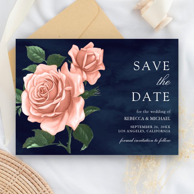 Rustic Navy Blue Dusty Peach Roses Wedding Save The Date (Creator Uploaded)