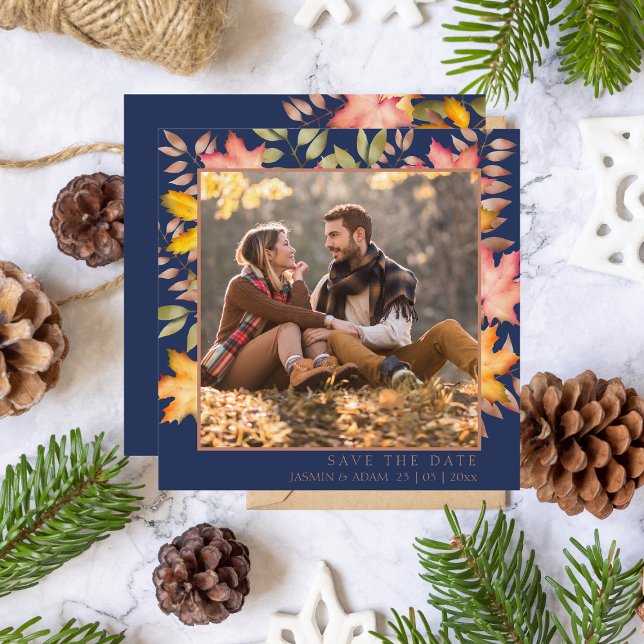 Rustic Navy Blue Fall Leaves Photo Wedding Save The Date (Creator Uploaded)