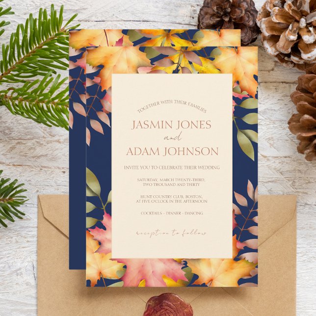 Rustic Navy Blue Fall Leaves Wedding Invitation (Creator Uploaded)