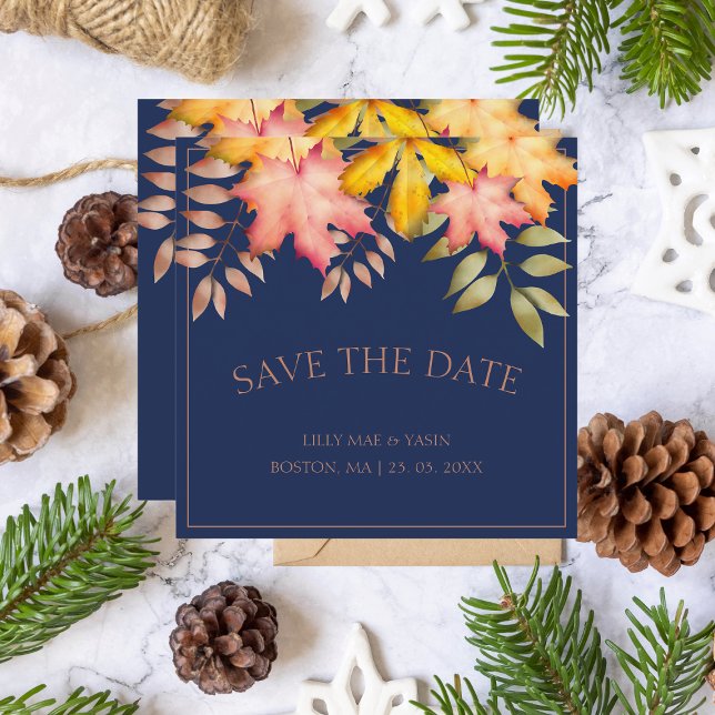Rustic Navy Blue Fall Leaves Wedding Save The Date (Creator Uploaded)