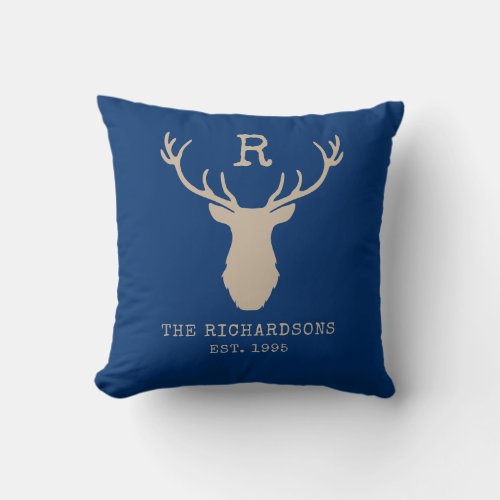 Rustic Navy Blue Family Monogram Deer Antlers Throw Pillow