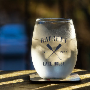 Rustic Navy Blue Family Name Lake House Oars Stemless Wine Glass