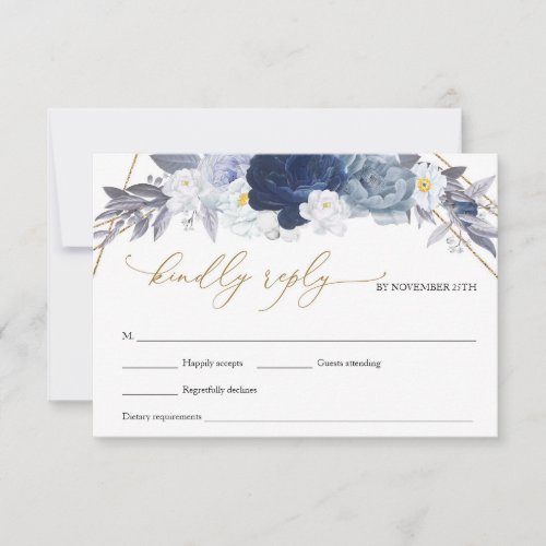 Rustic Navy Blue Floral Gold Geometric Wedding RSVP Card