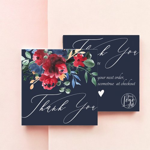 Rustic navy blue floral navy order thank you square business card