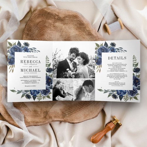 Rustic Navy Blue Floral Photo Collage Wedding Tri_Fold Invitation