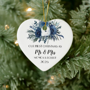 Rustic Navy Blue Floral Roses First Christmas Ceramic Ornament