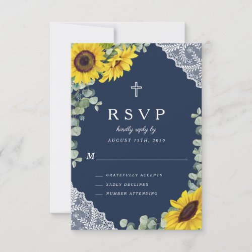 Rustic Navy Blue Floral Sunflower Wedding RSVP Card