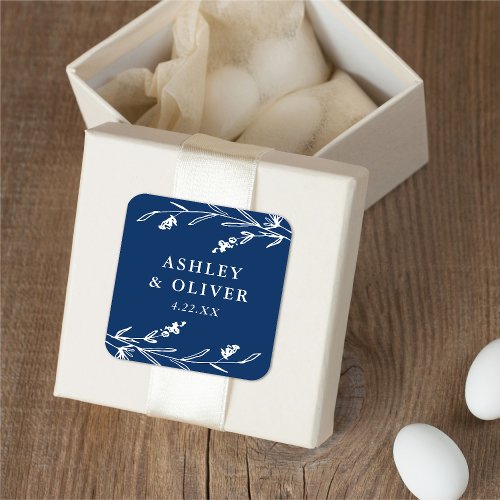 Rustic Navy Blue Floral Wildflower Wedding Favor Square Sticker