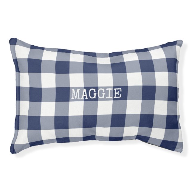 Rustic Navy Blue Gingham Plaid Personalized Pet Bed (Front)