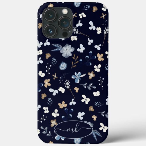 Rustic navy blue gold floral watercolor pattern iPhone 13 pro max case