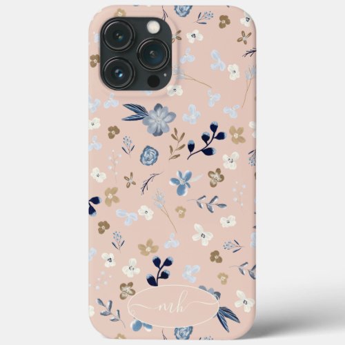 Rustic navy blue gold floral watercolor pattern iPhone 13 pro max case