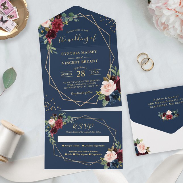 Rustic Navy Blue Gold Geometric Wedding All In One Invitation (A detachable RSVP card for easy guest responses, making the planning process seamless. )