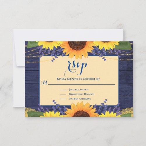 Rustic Navy Blue Gold Lace Sunflower Wedding RSVP