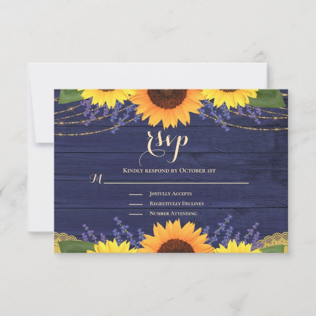 Rustic Navy Blue Gold Lace Sunflower Wedding RSVP Card (Front)