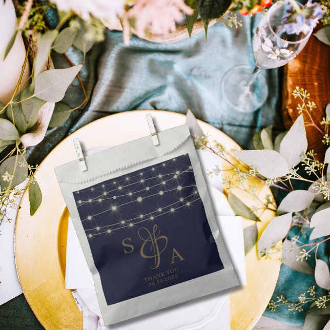 Rustic Navy Blue & Gold String lights  Favor Bag (Creator Uploaded)