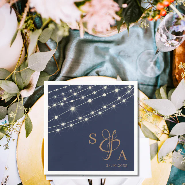 Rustic Navy Blue & Gold String lights Napkins | Zazzle