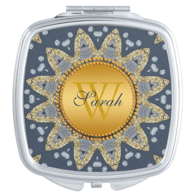 Rustic Navy Blue Gold Sunflower Compact Mirror (Front)