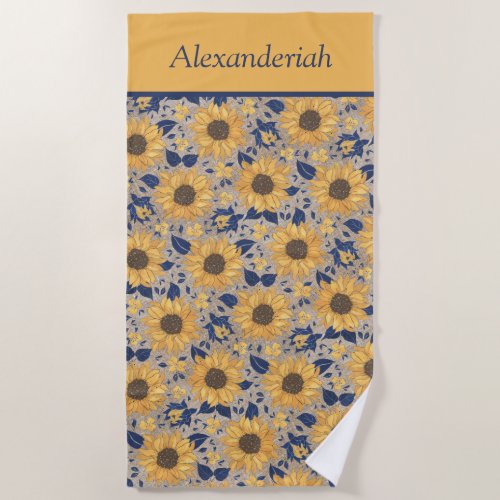 Rustic Navy Blue Golden Yellow Sunflower Name  Bea Beach Towel