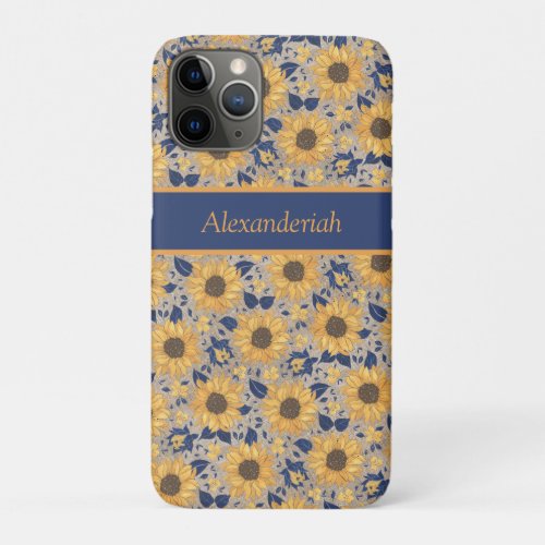 Rustic Navy Blue Golden Yellow Sunflower Name  iPhone 11 Pro Case
