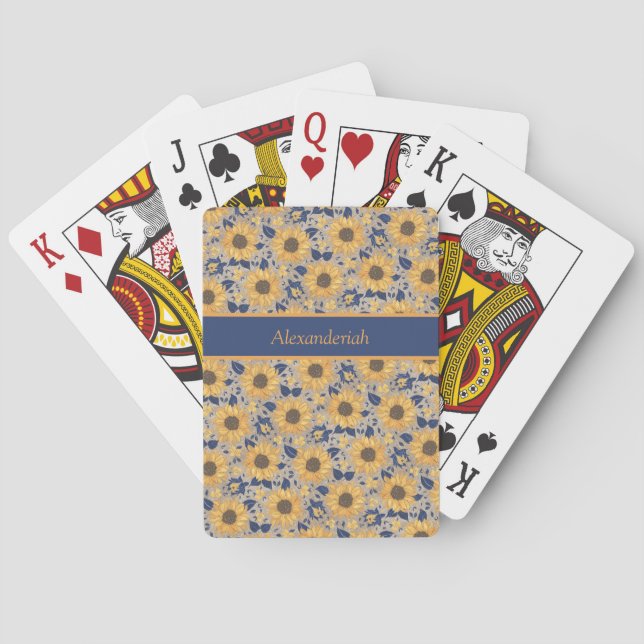 Rustic Navy Blue Golden Yellow Sunflower Name  Poker Cards (Back)