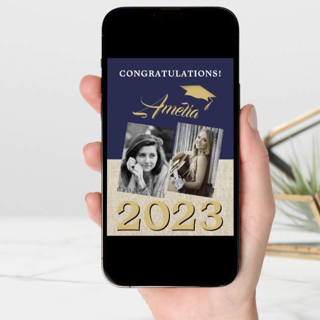 Rustic Navy Blue Graduate 2 Photo Graduation  Card (Front Digital)