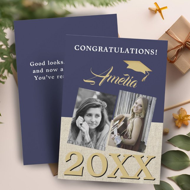 Rustic Navy Blue Graduate 2 Photo Graduation  Card (Creator Uploaded)