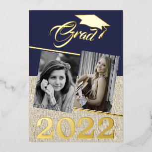 Rustic Navy Blue Graduate 2 Photo Graduation Gold Foil Invitation
