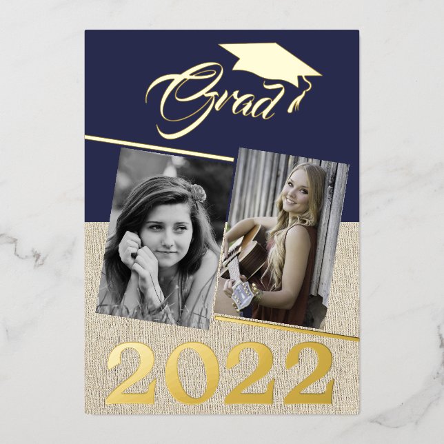 Rustic Navy Blue Graduate 2 Photo Graduation Gold Foil Invitation (Front)