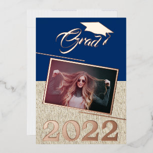 Rustic Navy Blue Graduate Photo Graduation Gold Foil Invitation