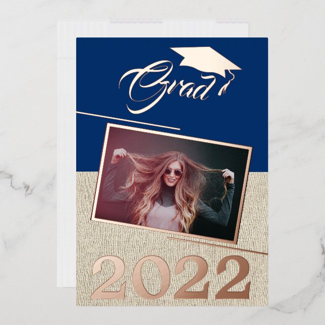 Rustic Navy Blue Graduate Photo Graduation Gold Foil Invitation (Envelope)